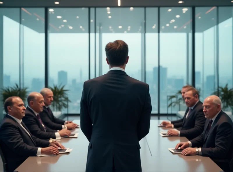Elon Musk standing in front of a group of seated ministers in a conference room.