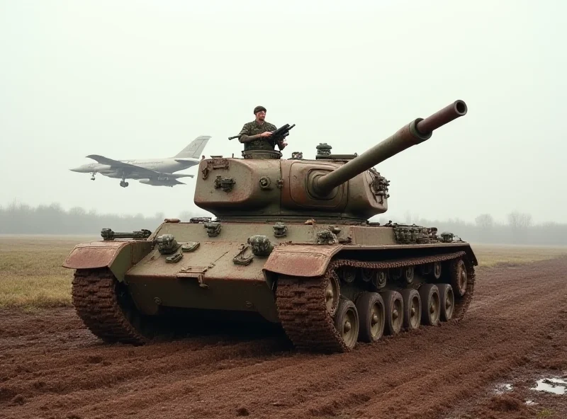 A vintage T-54 tank rolling through a muddy field, contrasted against a modern fighter jet flying overhead, symbolizing the juxtaposition of old and new military technology in Russia.