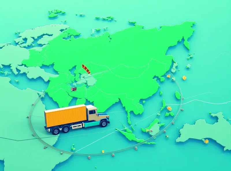 Concept art of cargo containers moving smoothly across a border with a green signal, signifying efficient trade facilitation. The background shows a stylized map of Central Asia.
