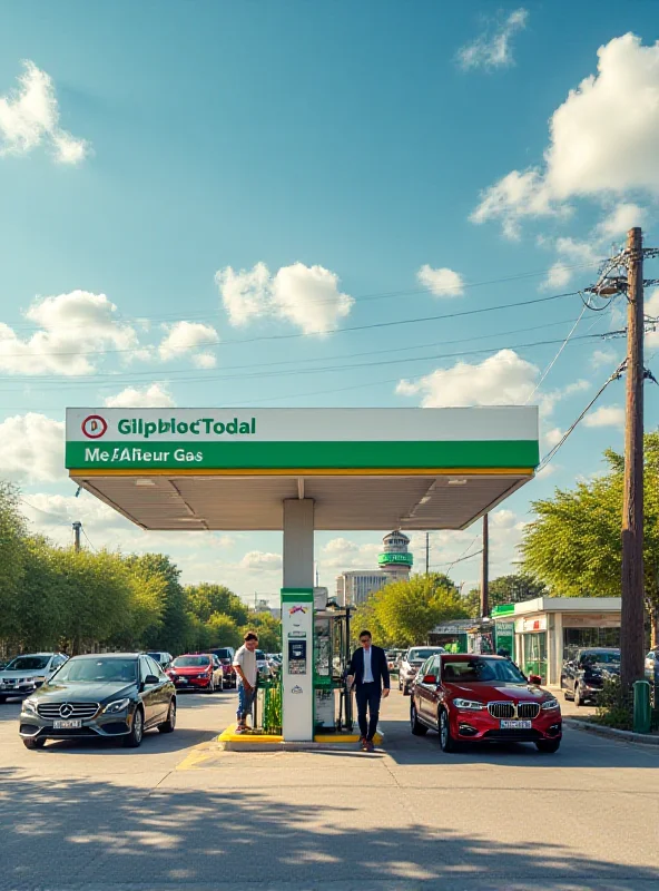 A modern methane gas station in Uzbekistan, with cars filling up and a sign indicating the availability of methane gas. The scene is bright and sunny, showcasing the potential of alternative energy sources.