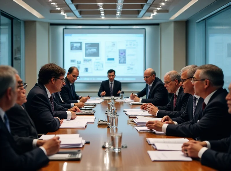 A formal meeting between representatives from Uzatom and the IAEA. The setting is a modern conference room, with documents and presentations visible, emphasizing the serious nature of the discussions regarding nuclear safety.