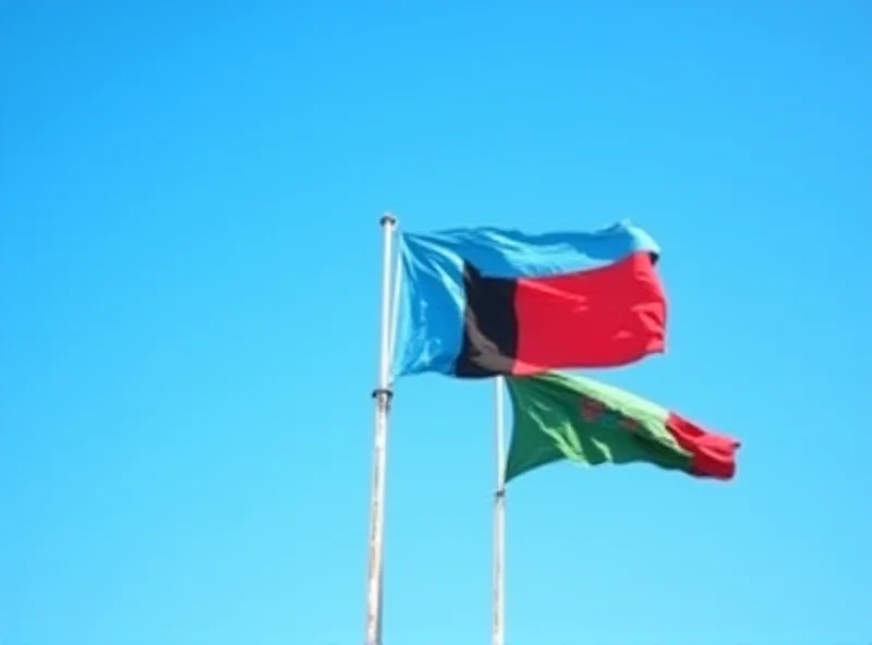 Uzbekistan and Afghanistan flags waving in the wind against a blue sky