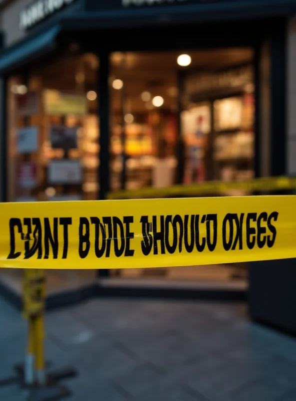 Police tape sealing off a storefront in a European city