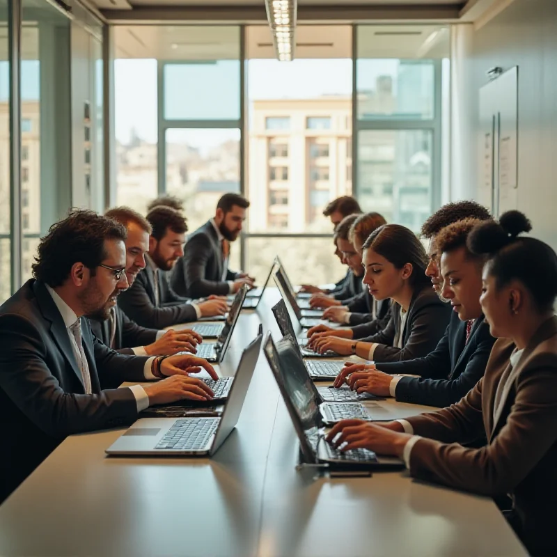 A diverse group of people working on laptops in a modern office, representing the potential of Uzbekistan's digital economy