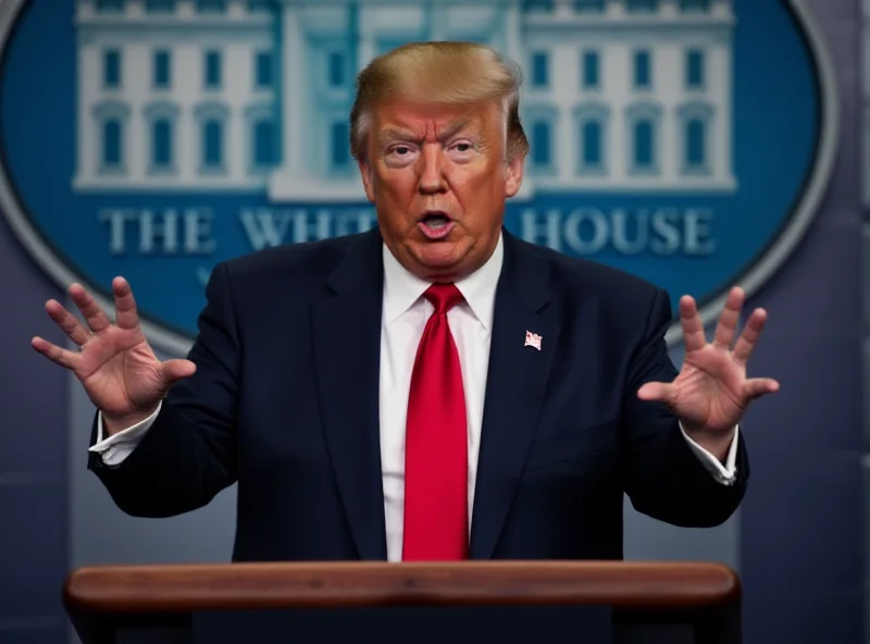 Donald Trump gesturing emphatically while speaking at a press conference, with the White House in the background.
