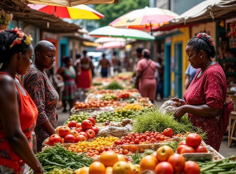 A colorful outdoor market scene in Martinique with vendors selling fresh produce and local goods. The atmosphere is lively and bustling.