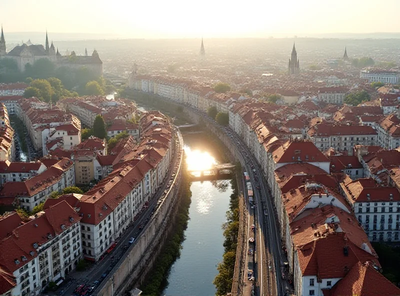 An aerial view of Prague, Czech Republic, showcasing the cityscape with a focus on the metro system lines and stations.