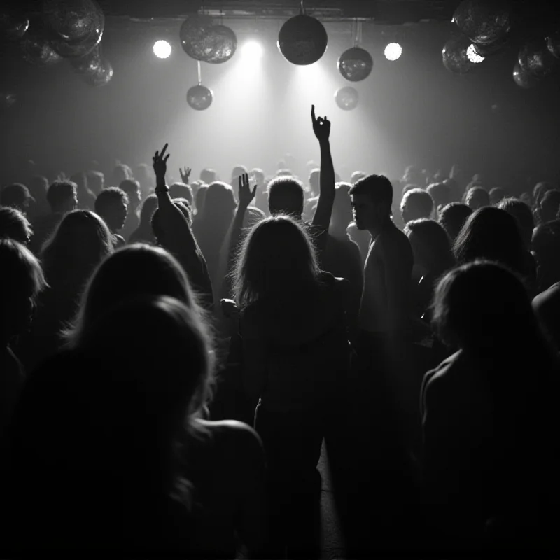 A black and white photograph of people dancing in a crowded nightclub in the 1970s or 1980s, capturing the energy and atmosphere of the era.