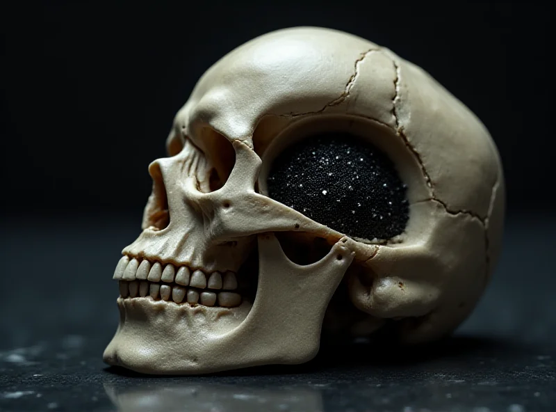 Close-up of a skull with a glassy substance inside, representing the vitrified brain.
