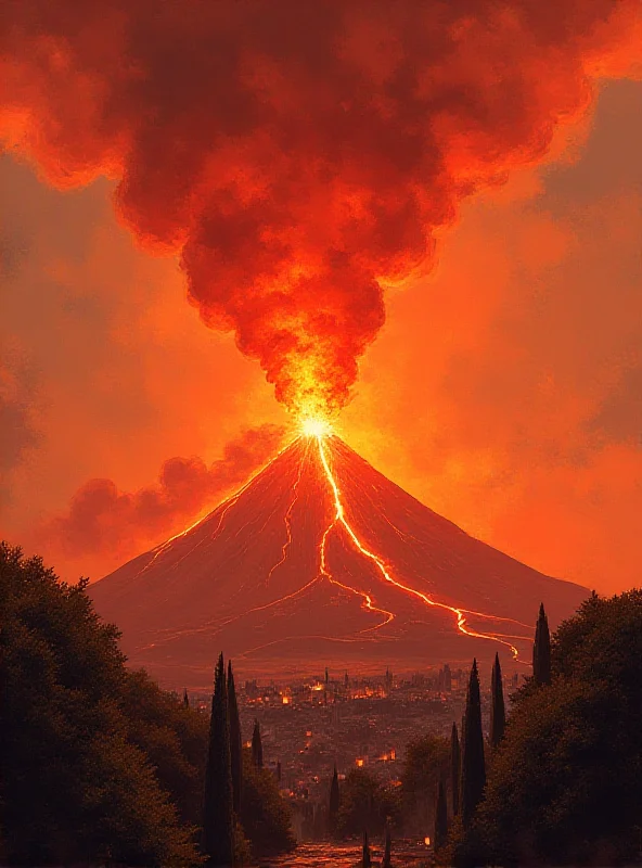 Illustration showing the eruption of Mount Vesuvius and the pyroclastic flow engulfing Herculaneum.