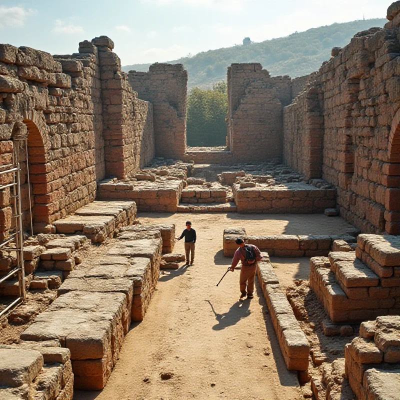 Archaeologists working at an excavation site in Herculaneum, uncovering ancient ruins.