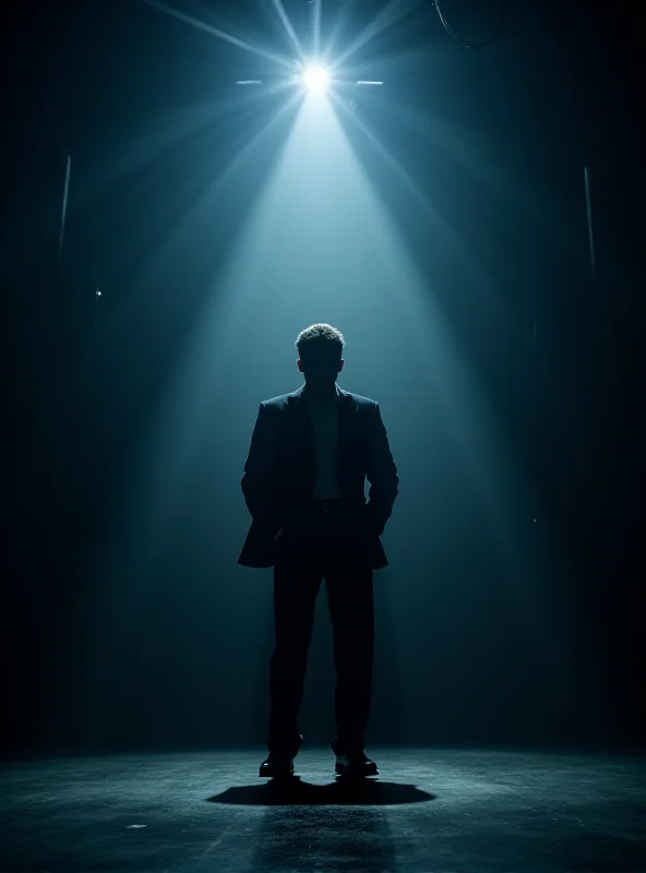 A dramatic stage scene from the play 'Der Fall McNeal' at the Wiener Burgtheater, showing Joachim Meyerhoff in character, with stage lighting creating a sense of mystery and intrigue.