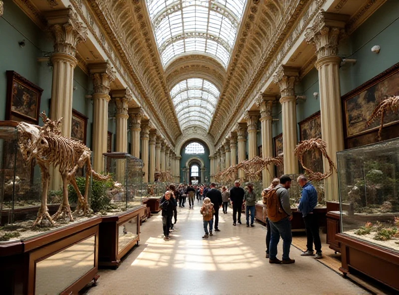 A wide shot of the Vienna Museum of Natural History's grand hall, filled with exhibits, including dinosaur skeletons and taxidermied animals, showcasing the museum's vast and diverse collection.
