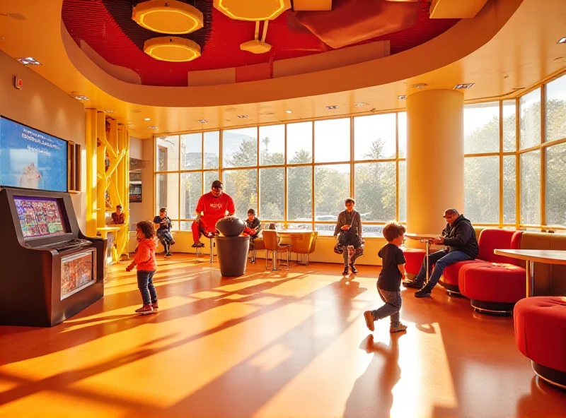 A wide-angle shot of a brightly lit, modern McDonald's play place featuring sleek, geometric climbing structures, digital interactive games, and comfortable seating areas.