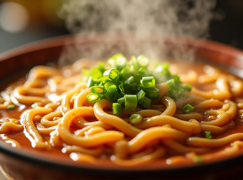 A close-up shot of a steaming bowl of Chinese noodles in broth, garnished with green onions and other toppings. The noodles appear rich and flavorful.
