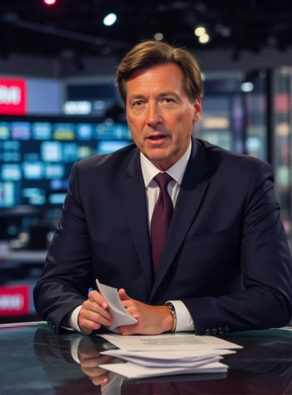A serious-looking news anchor at a BBC studio desk, with a blurred background showing the studio control room. The anchor is holding papers and speaking into a microphone.