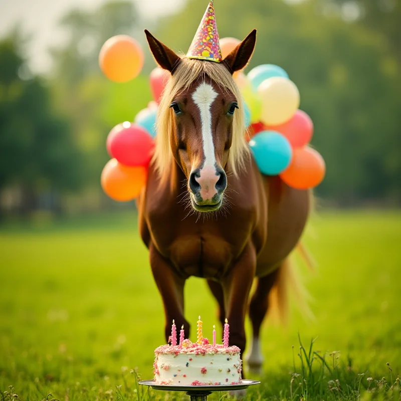 A friendly-looking elderly horse standing in a green pasture, wearing a festive party hat. The horse is surrounded by colorful balloons and a small birthday cake is placed on the ground in front of it.