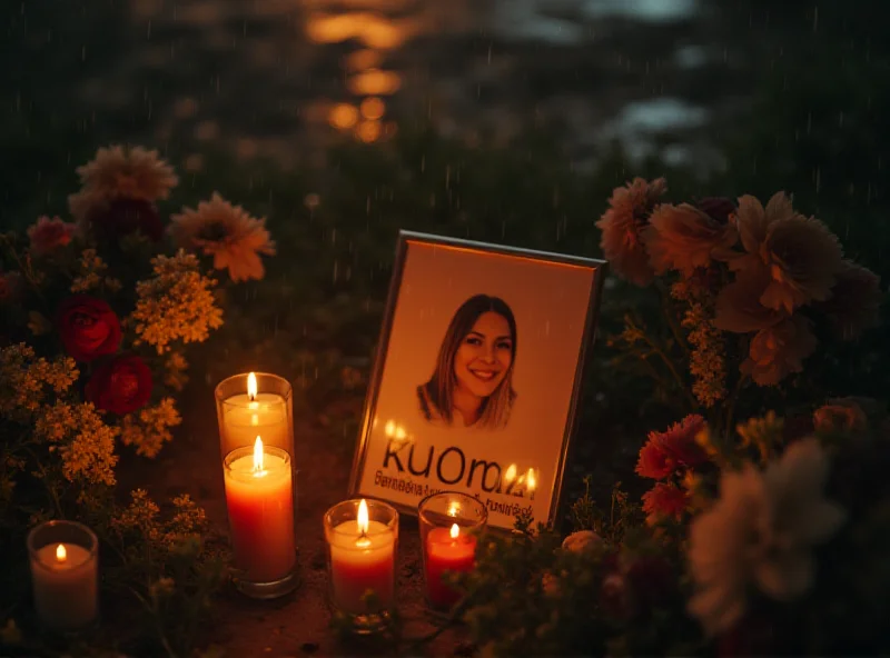 A somber image representing a memorial for a young woman, possibly Vitória, with candles and flowers.