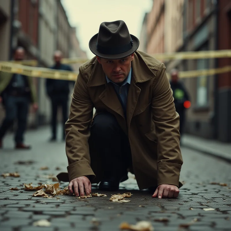 A detective looking at evidence at a crime scene during the day.