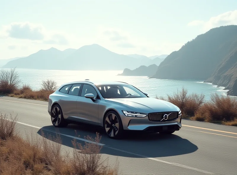 Futuristic Volvo ES90 electric vehicle driving on a scenic coastal road.