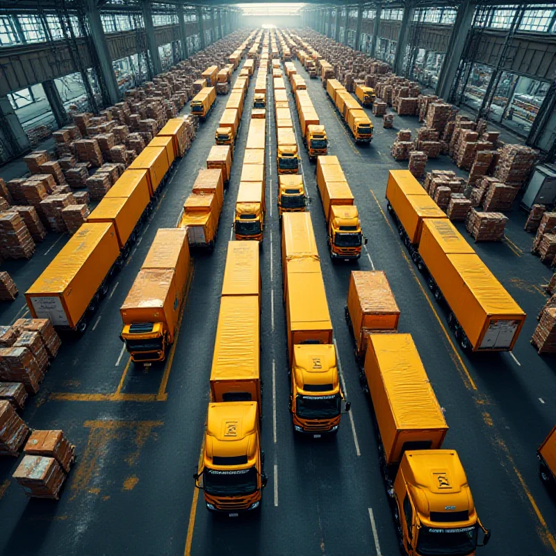 Aerial view of a bustling DHL distribution center with numerous trucks and packages.