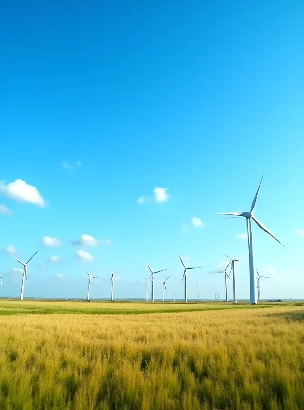 Wind turbines in a field under a blue sky