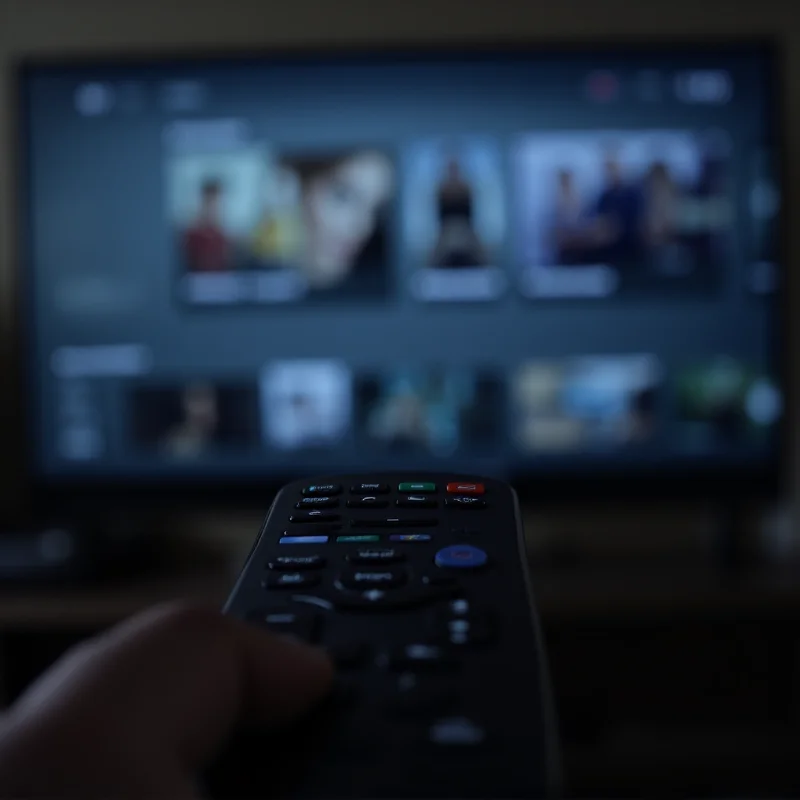 Close-up of a remote control pointed at a television screen displaying a streaming service interface.