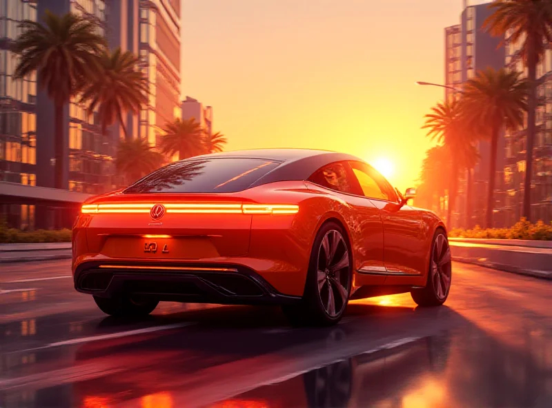 Illustration of a futuristic, compact electric vehicle in a vibrant city setting.