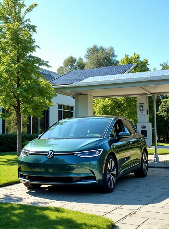 A sleek, modern Volkswagen ID.1 electric vehicle parked in front of a charging station with solar panels in the background.