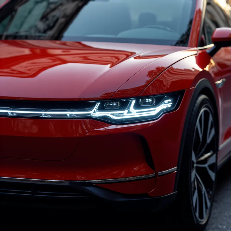 A close-up shot of the Volkswagen ID.1's futuristic headlights and front grill, showcasing its modern design.