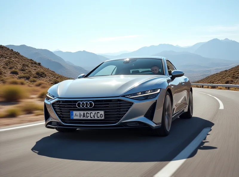 A sleek, modern Audi A6 driving on a winding road with blurred motion to emphasize speed and innovation. The background features a scenic landscape with mountains and a clear blue sky.