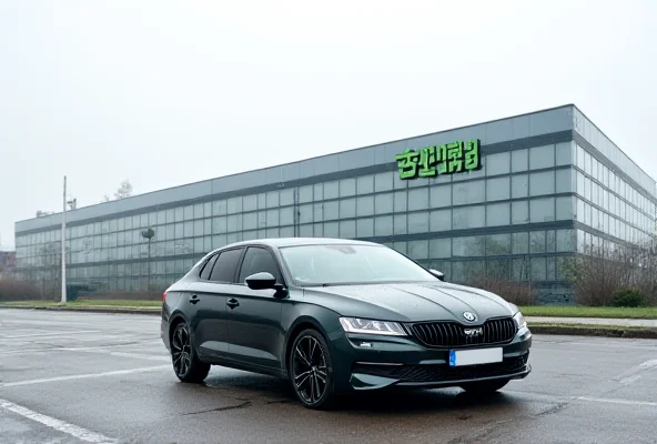 A modern Škoda car is parked in front of the Škoda Auto factory in Mladá Boleslav. The factory building is large and industrial, with the Škoda logo prominently displayed. The sky is overcast, suggesting a typical working day. The overall scene depicts a sense of productivity and success.