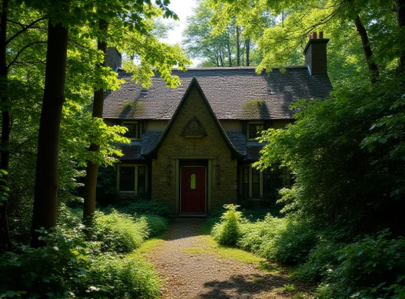 Exterior of a slightly overgrown, but charming, three-bedroom house nestled deep within a dense, green forest in Wales.