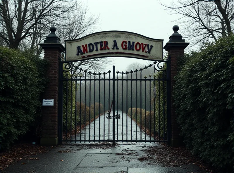 The empty entrance gates of Oakwood Theme Park in Pembrokeshire, Wales. The gates are closed and a sign indicates the park is permanently shut. The area around the gates appears deserted.