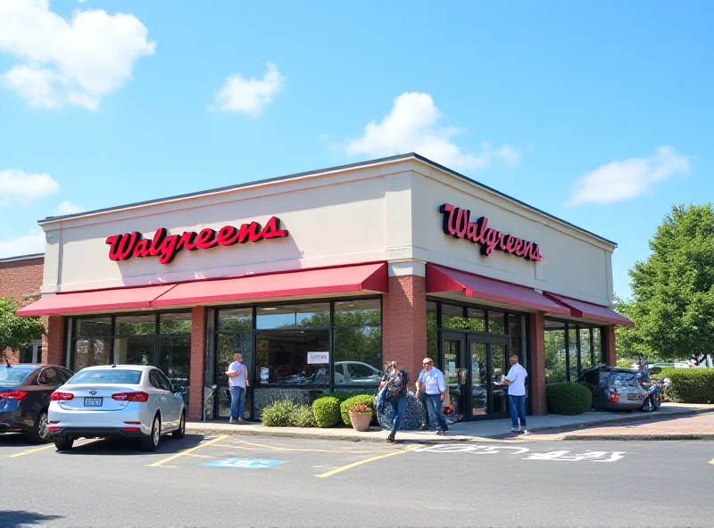 Exterior of a Walgreens store, modern design, sunny day.