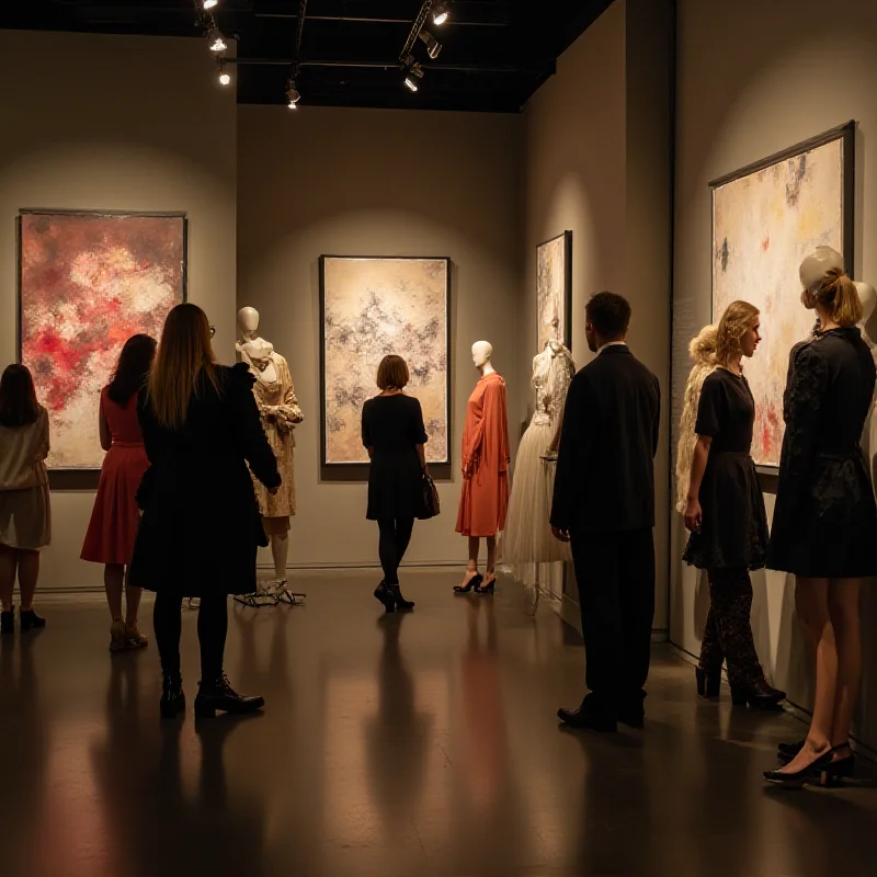 A modern art gallery with people admiring abstract paintings, high-end fashion clothing subtly displayed as art pieces, soft lighting.