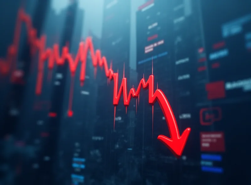 A digital rendering of a stock market graph showing a significant downward trend, with red arrows pointing down, symbolizing market decline.