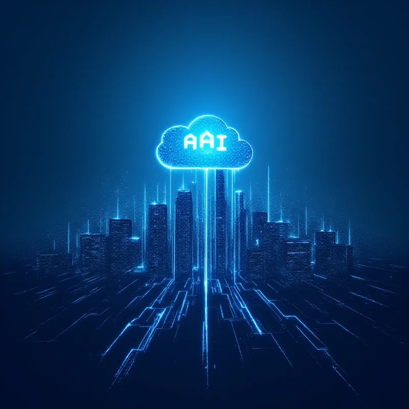 A futuristic cityscape with glowing data streams flowing upwards, representing the growth of cloud computing and AI technologies. The DigitalOcean logo is subtly incorporated.