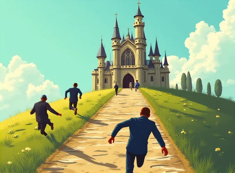 Conceptual image of financial titans racing towards a Berkshire Hathaway-like castle