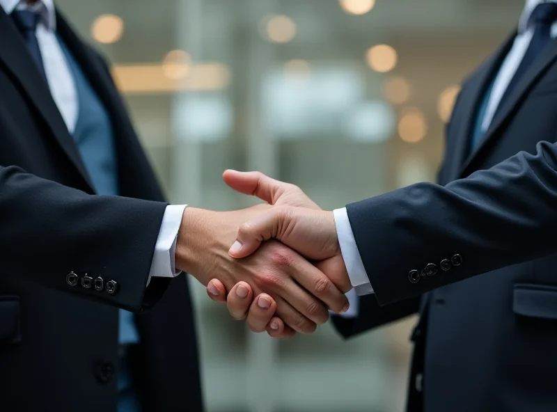 A handshake between two executives representing Eni and KKR, symbolizing the finalization of the Enilive stake deal.