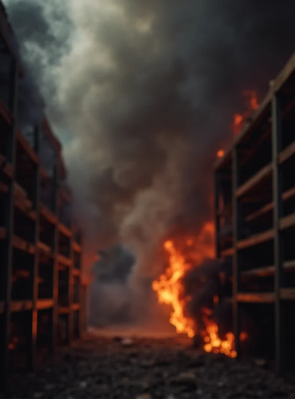 Close-up of smoke billowing from a warehouse fire