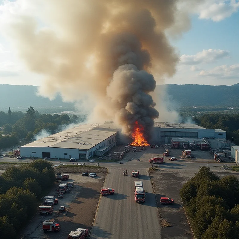 Aerial view of a warehouse fire with smoke plume rising into the sky
