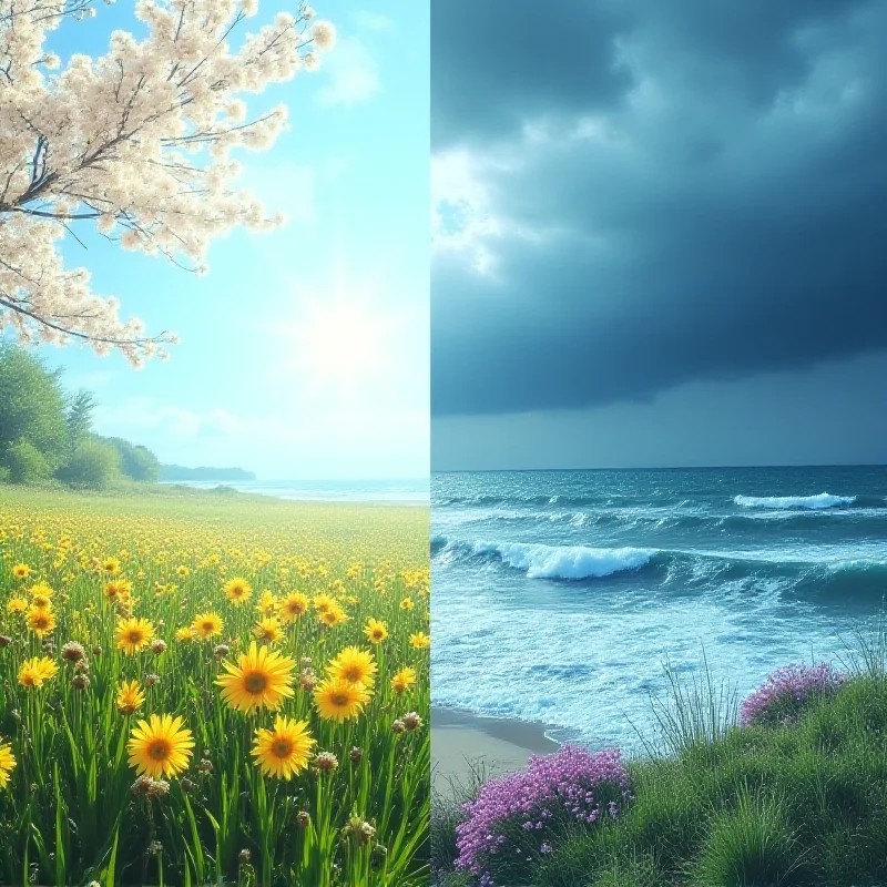 A split image showing a sunny spring landscape on one side and a stormy, turbulent ocean on the other, symbolizing the balance between positive weather and climate change concerns.