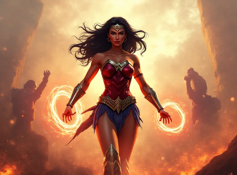 Concept art of Wonder Woman in a video game setting, facing enemies in a vibrant, dynamic scene.