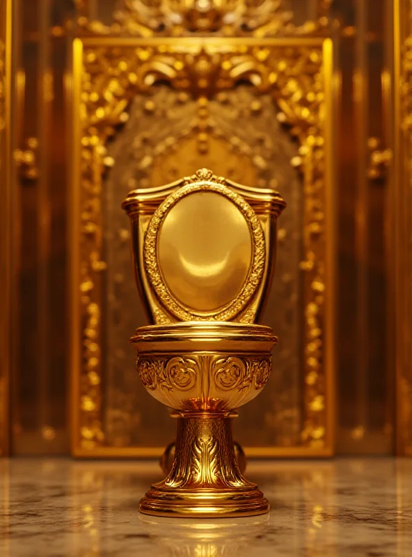 A close-up of a golden toilet, gleaming and luxurious, set against a backdrop of ornate palace architecture.
