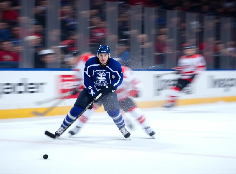 Action shot of a high school hockey player scoring a goal.