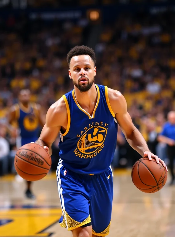 Steph Curry dribbling the ball on a basketball court.