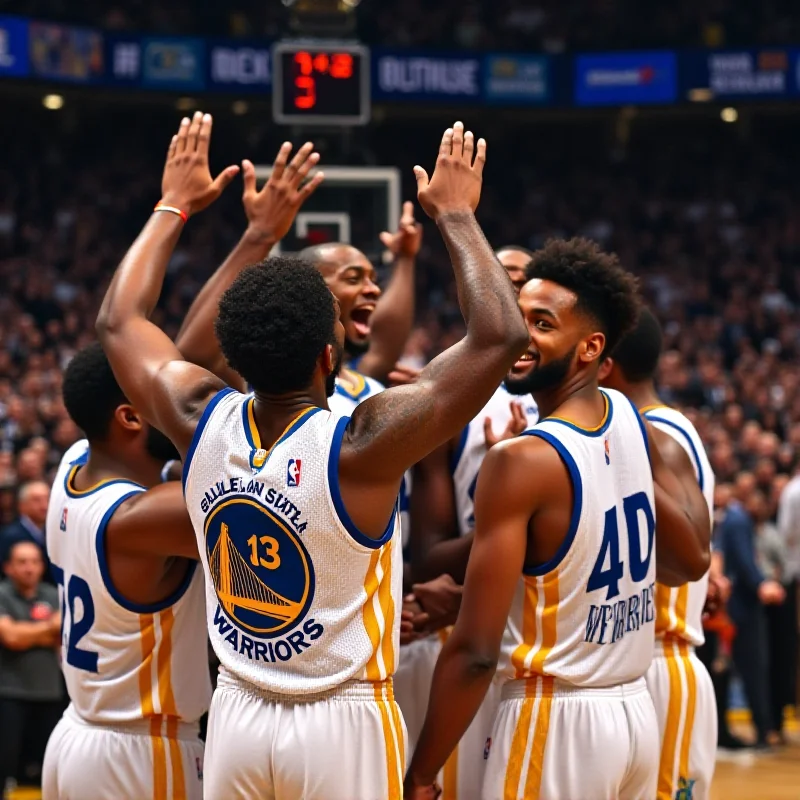 Group of basketball players celebrating a win on the court.