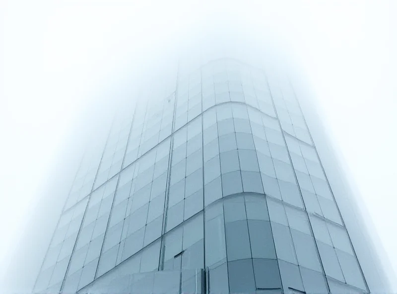A modern glass skyscraper in Warsaw with a section of missing glass on one of the upper floors.