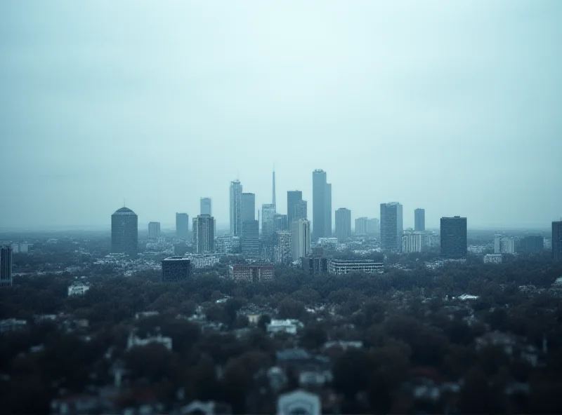 A cityscape of Warsaw under a cloudy sky, with a light drizzle falling.